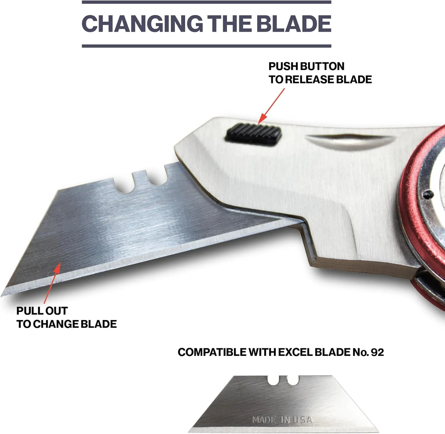 Excel Blades Revo Folding Pocket Utility Knife - Aluminum Body Heavy Duty Box Cutter with Holster, Anti-Slip Finger Loop Design Grip, Quick Change Blades and 3 Lock Positions Design, Red