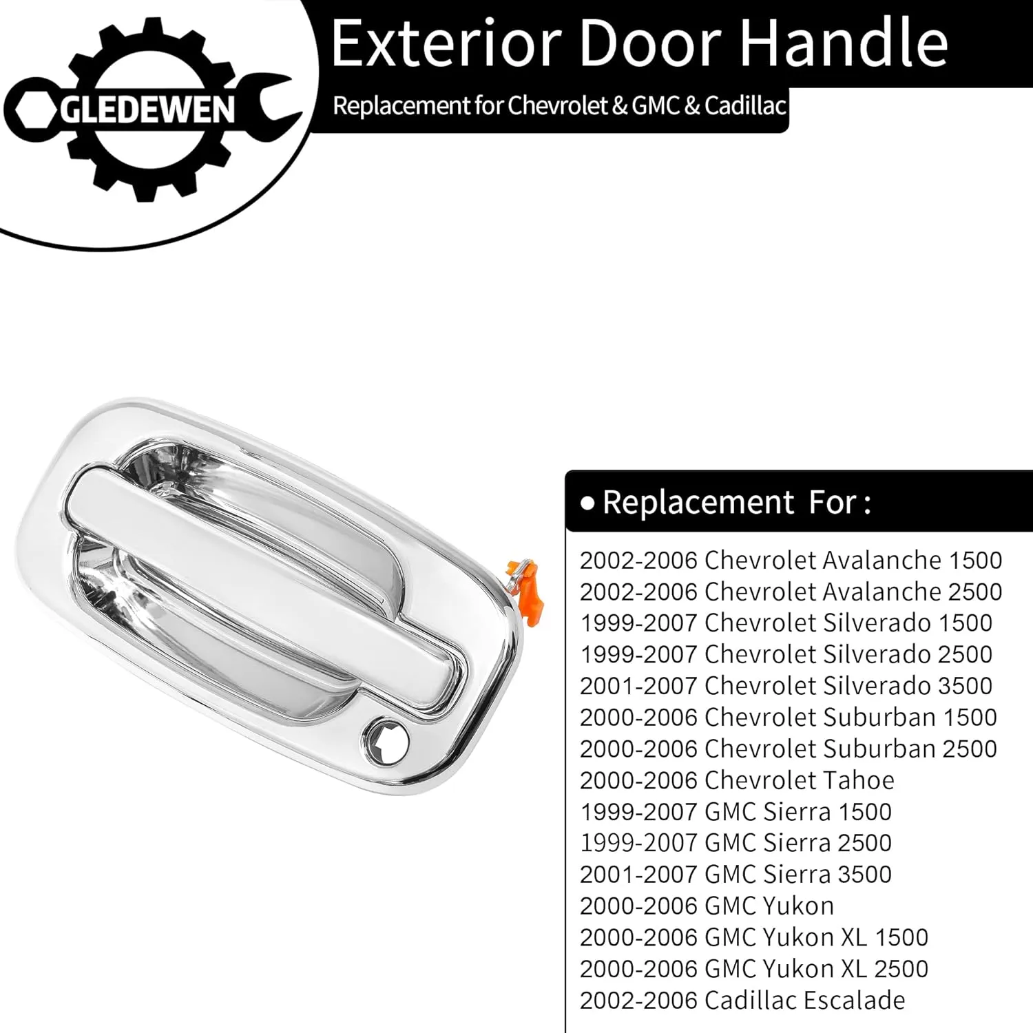 Exterior Door Handles, All Chrome, Compatible with 1999-2007 Chevy Silverado Suburban Tahoe Avalanche, GMC Sierra Yukon, Cadillac Escalade, Front Left & Right Side | Replaces# 15034985, 15034986
