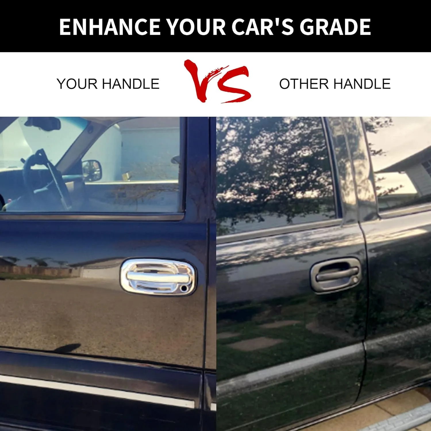 Exterior Door Handles, All Chrome, Compatible with 1999-2007 Chevy Silverado Suburban Tahoe Avalanche, GMC Sierra Yukon, Cadillac Escalade, Front Left & Right Side | Replaces# 15034985, 15034986