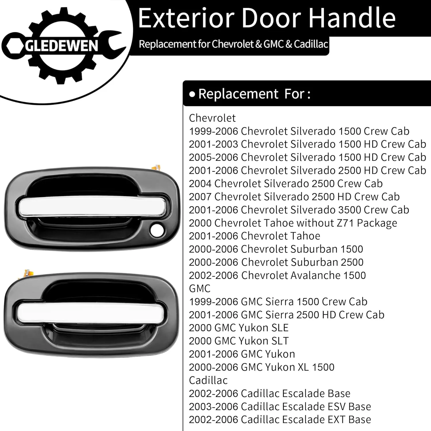 Exterior Door Handles, Compatible with 1999-2007 Chevy Silverado Suburban Tahoe Avalanche, GMC Sierra Yukon, Escalade, Chrome Lever, Front Left Driver & Right Passenger | 15034985, 15182406