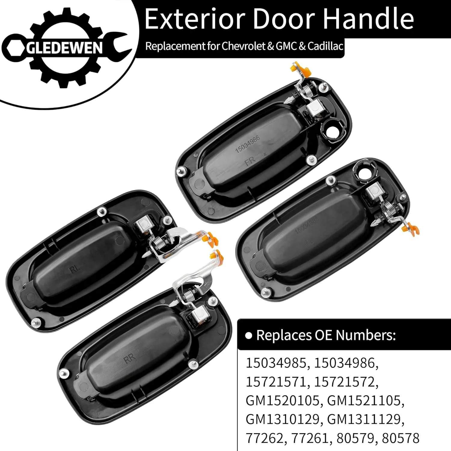 Exterior Door Handles Set, Compatible with 1999-2007 Chevy Silverado Suburban Tahoe Avalanche, GMC Sierra Yukon, Cadillac Escalade, Chrome Lever, Front & Rear & Left & Right Side | 15034985, 15034986