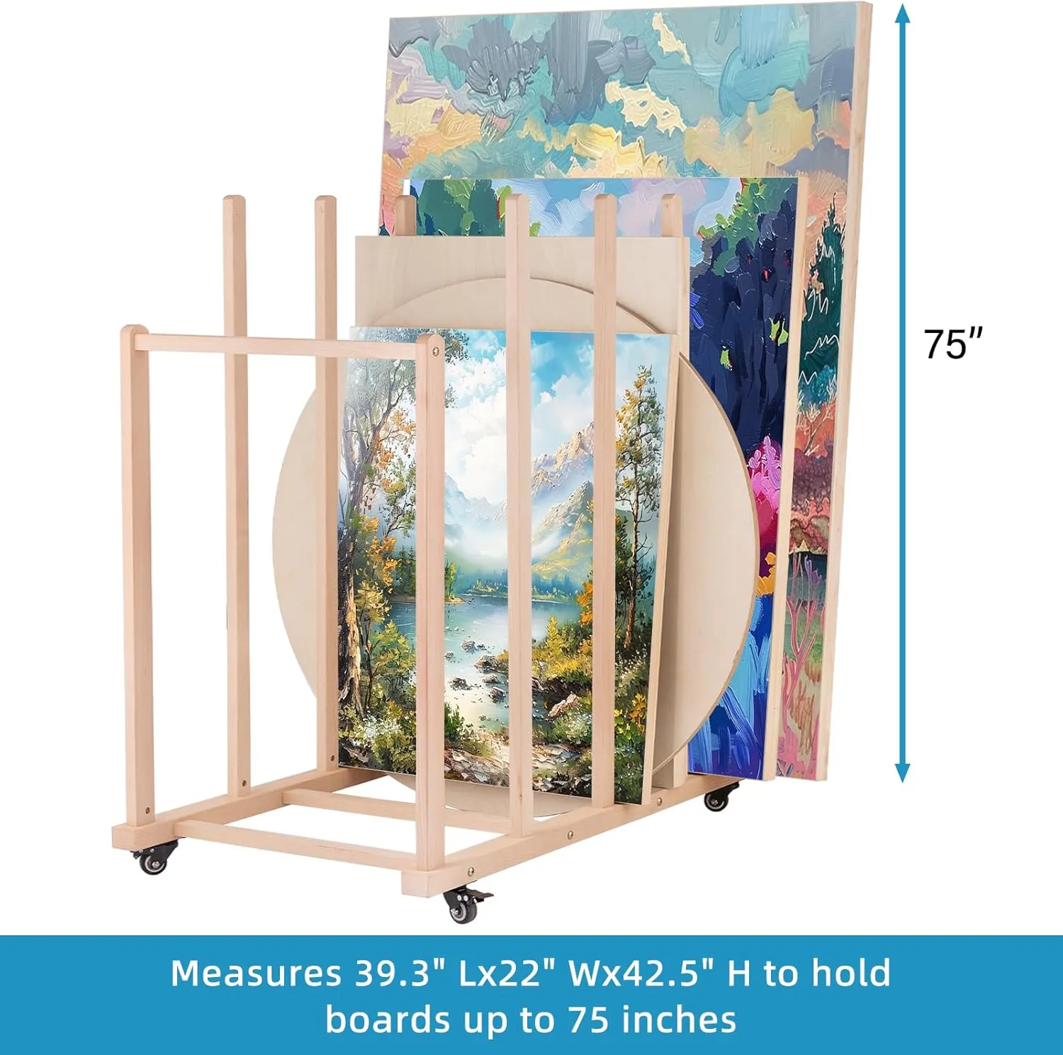Extra Large Art Canvas Storage Rack, Art Drying Rack, Wooden Canvas Boards Rack with Handle and Caster Wheels for Drawing Boards, Panels, Artwork in Art Studio/Gallery
