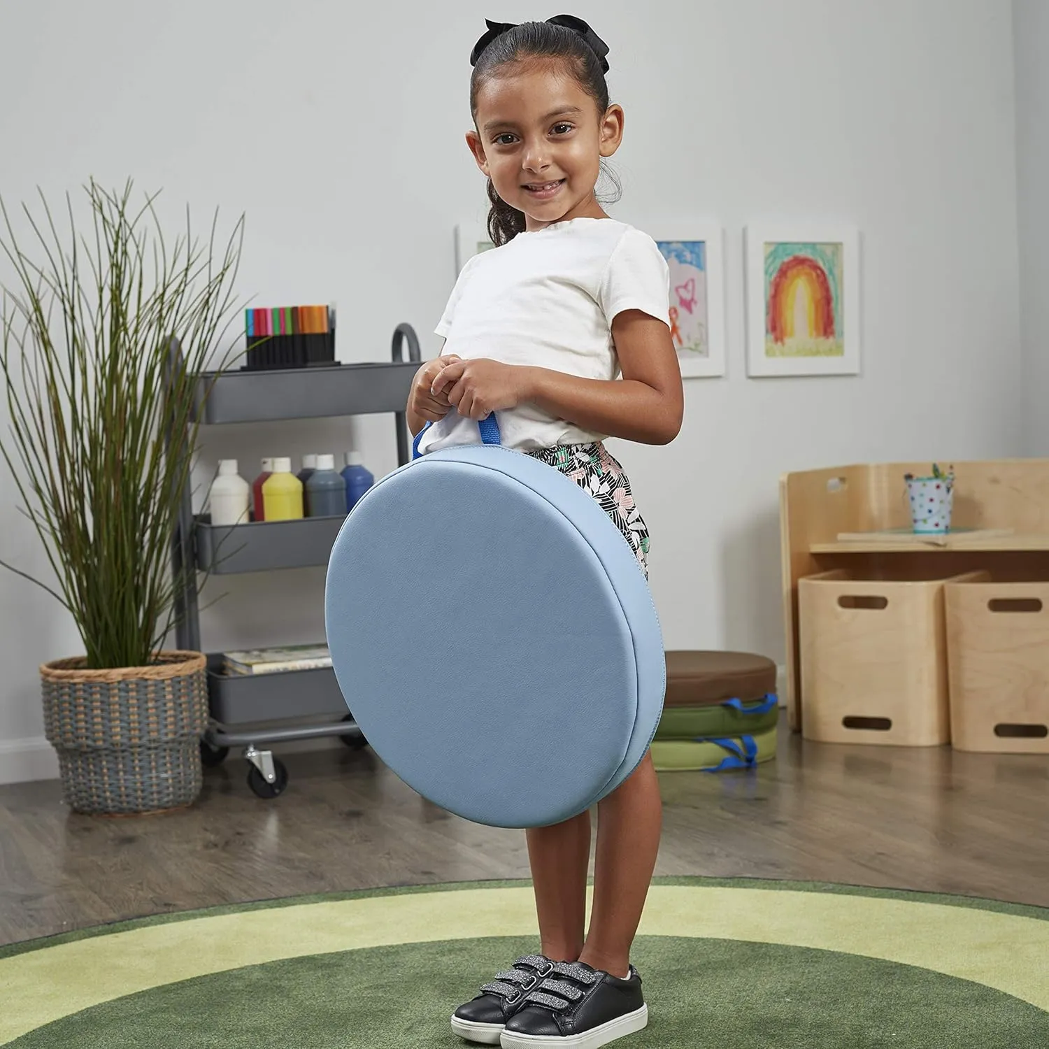 Factory Direct Partners SoftScape 15 inch Round Classroom Floor Cushions with Handles; Flexible Seating for Daycare, Preschool, Playroom; 2 inch Thick Deluxe Foam (6-Piece) - Earthtone, 11232-ET