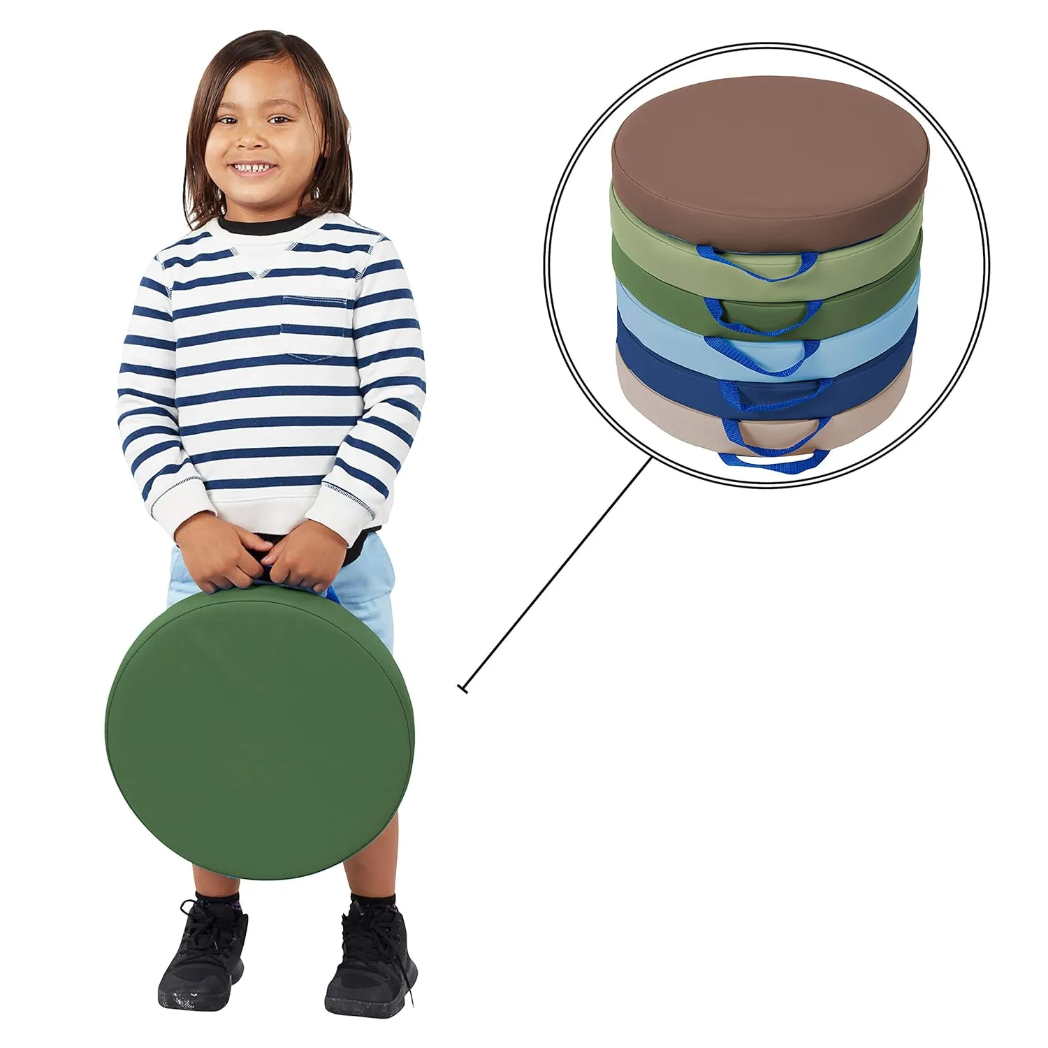 Factory Direct Partners SoftScape 15 inch Round Classroom Floor Cushions with Handles; Flexible Seating for Daycare, Preschool, Playroom; 2 inch Thick Deluxe Foam (6-Piece) - Earthtone, 11232-ET