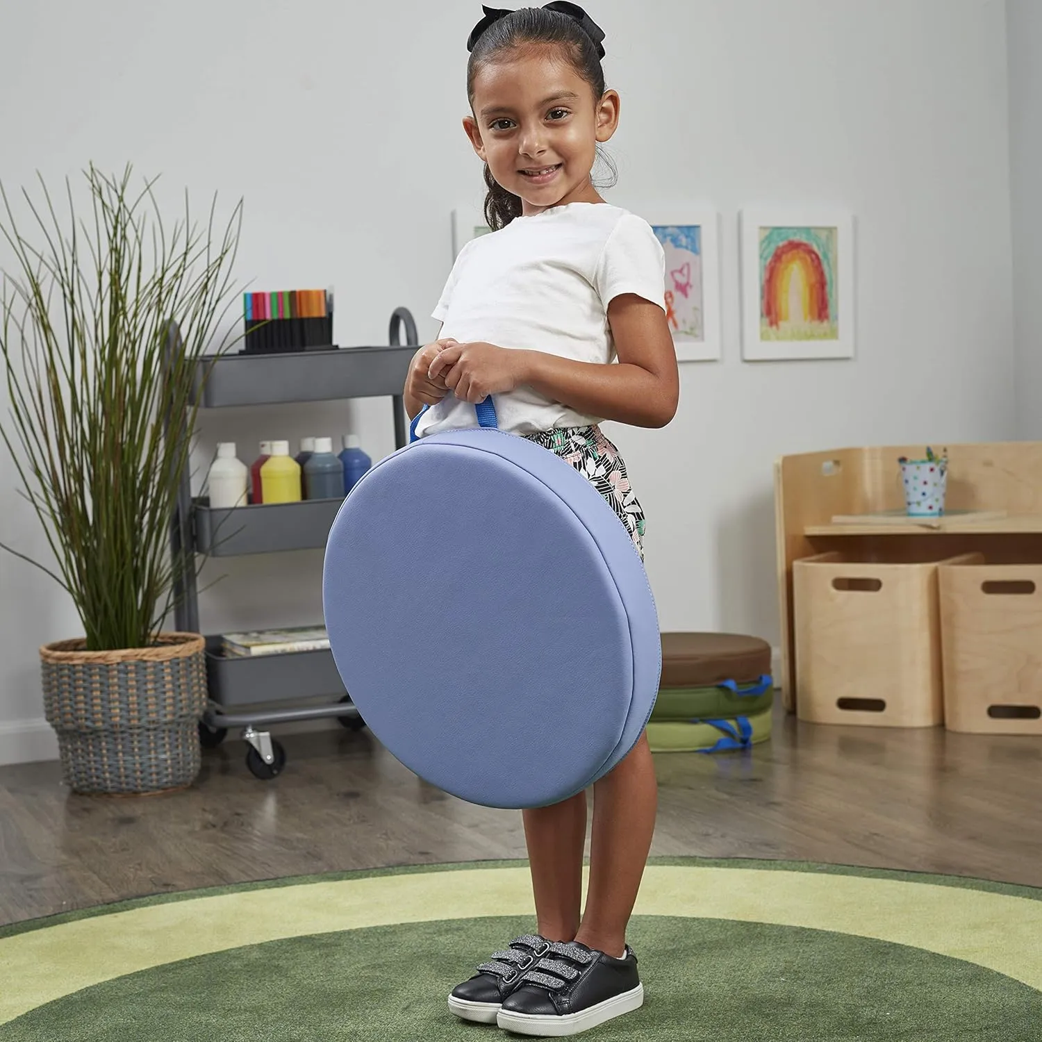 Factory Direct Partners SoftScape 15 inch Round Classroom Floor Cushions with Handles; Flexible Seating for Daycare, Preschool, Playroom; 2 inch Thick Deluxe Foam (6-Piece) - Earthtone, 11232-ET