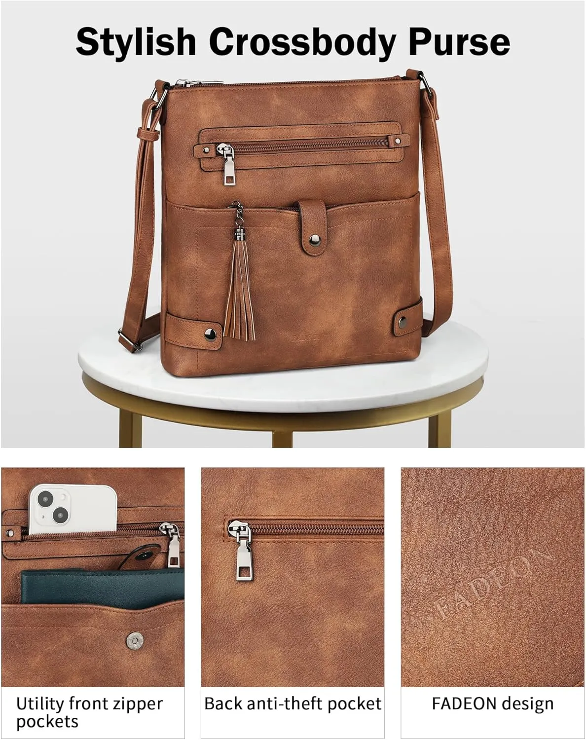 FADEON Crossbody Purses for Women Crossbody Bag, Designer Multi Pockets Shoulder Travel Purses with Tassel