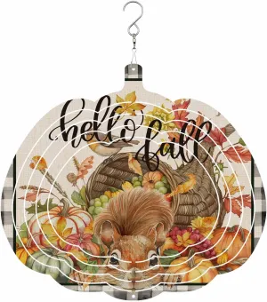 Fall Green Orange Pumpkin Wind Spinner for Yard and Garden,Thanksgiving Bird Leaves Check Hanging Wind Spinner Outdoor 3D Kinetic Wind Sculpture Spinners Indoor Outdoor Décor Ornaments Gift 8 Inch