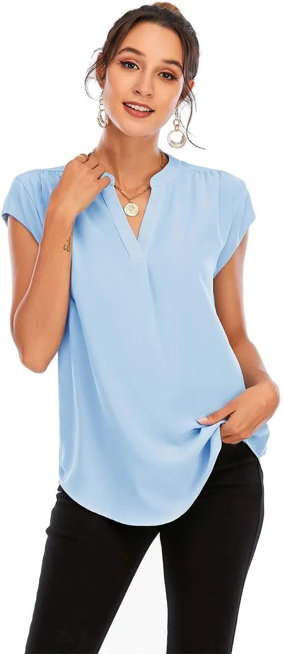 Famulily Womens Split V Neck Cap Sleeve Tops Frill Trim Elegant Work Office Blouse Shirts