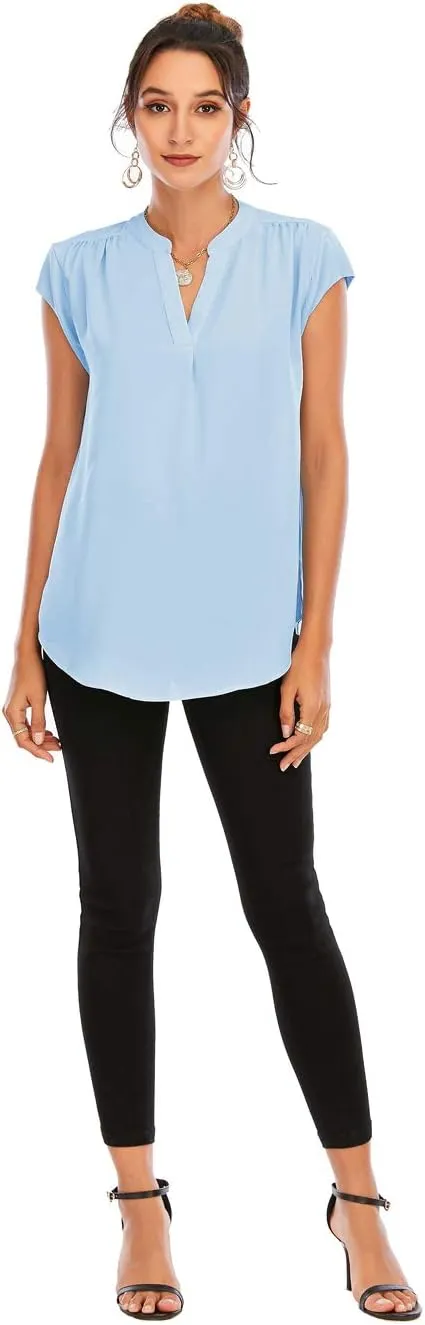 Famulily Womens Split V Neck Cap Sleeve Tops Frill Trim Elegant Work Office Blouse Shirts
