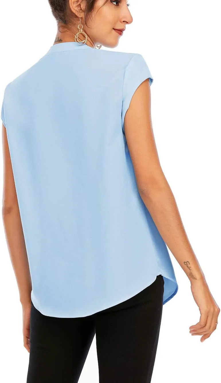 Famulily Womens Split V Neck Cap Sleeve Tops Frill Trim Elegant Work Office Blouse Shirts