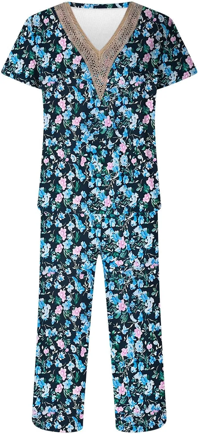 Fanteecy Women's 2 Piece Pajamas Set Short Sleeve Lace Trim V Neck and Capri Pants Nightwear Soft Pjs Loungewear