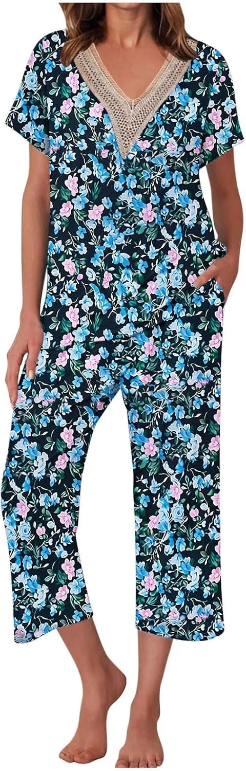 Fanteecy Women's 2 Piece Pajamas Set Short Sleeve Lace Trim V Neck and Capri Pants Nightwear Soft Pjs Loungewear