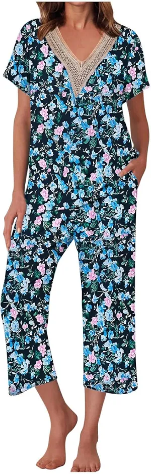 Fanteecy Women's 2 Piece Pajamas Set Short Sleeve Lace Trim V Neck and Capri Pants Nightwear Soft Pjs Loungewear