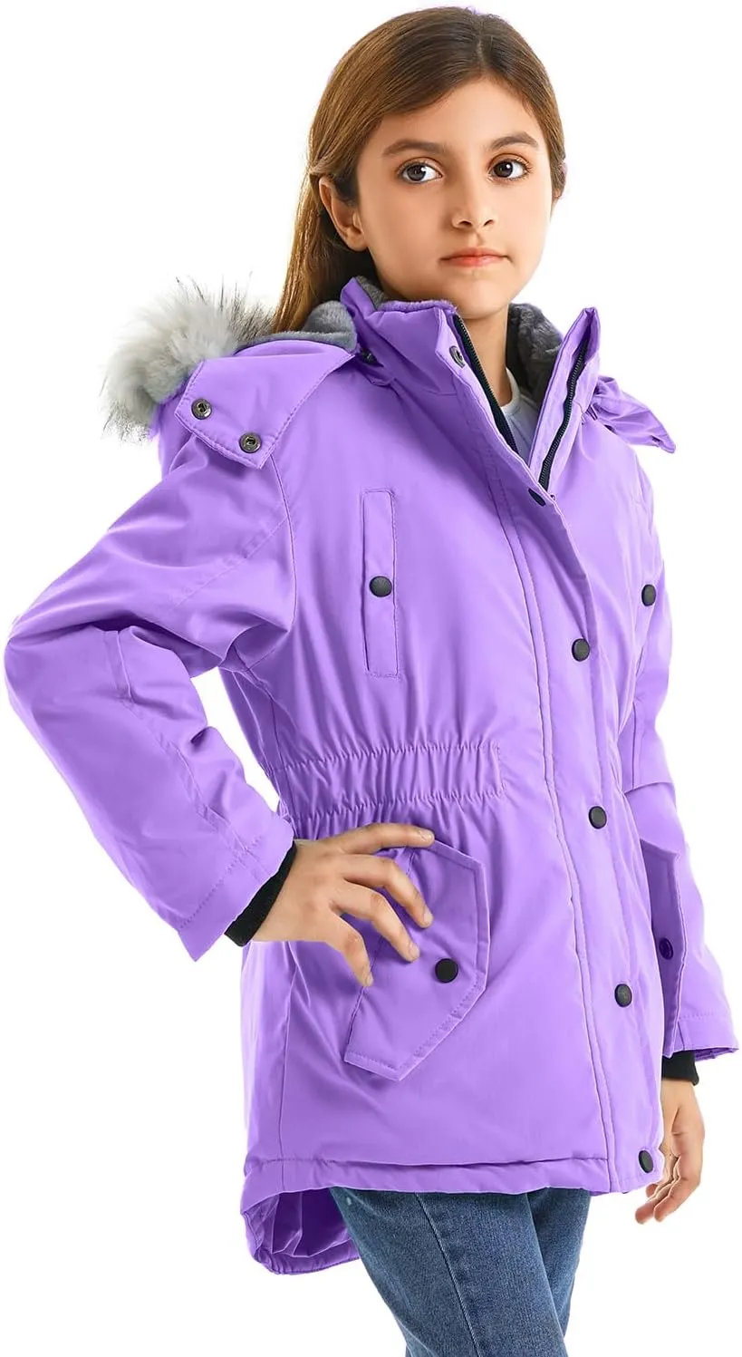 FARVALUE Girls' Long Winter Coats Warm Parka Lined Puffer Jacket Thicken Fleece Hooded Coat with Fur Collar for Girls