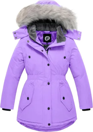 FARVALUE Girls' Long Winter Coats Warm Parka Lined Puffer Jacket Thicken Fleece Hooded Coat with Fur Collar for Girls
