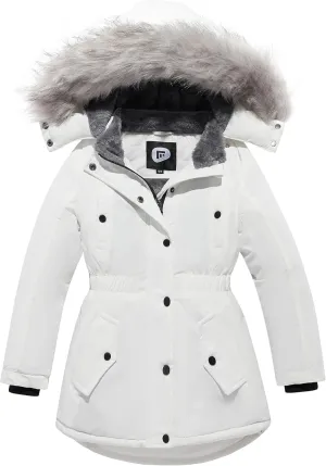 FARVALUE Girls' Long Winter Coats Warm Parka Lined Puffer Jacket Thicken Fleece Hooded Coat with Fur Collar for Girls