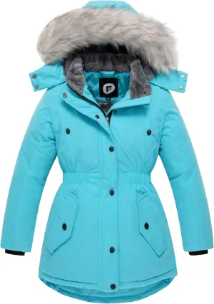 FARVALUE Girls' Long Winter Coats Warm Parka Lined Puffer Jacket Thicken Fleece Hooded Coat with Fur Collar for Girls
