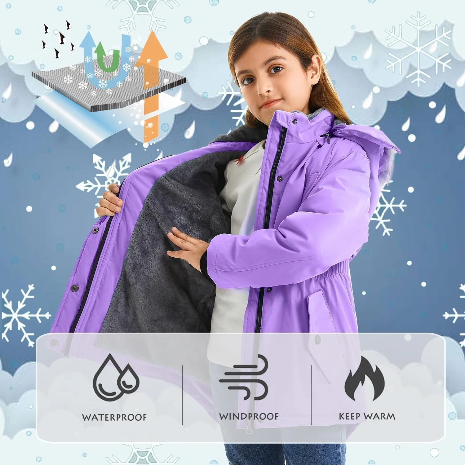 FARVALUE Girls' Long Winter Coats Warm Parka Lined Puffer Jacket Thicken Fleece Hooded Coat with Fur Collar for Girls