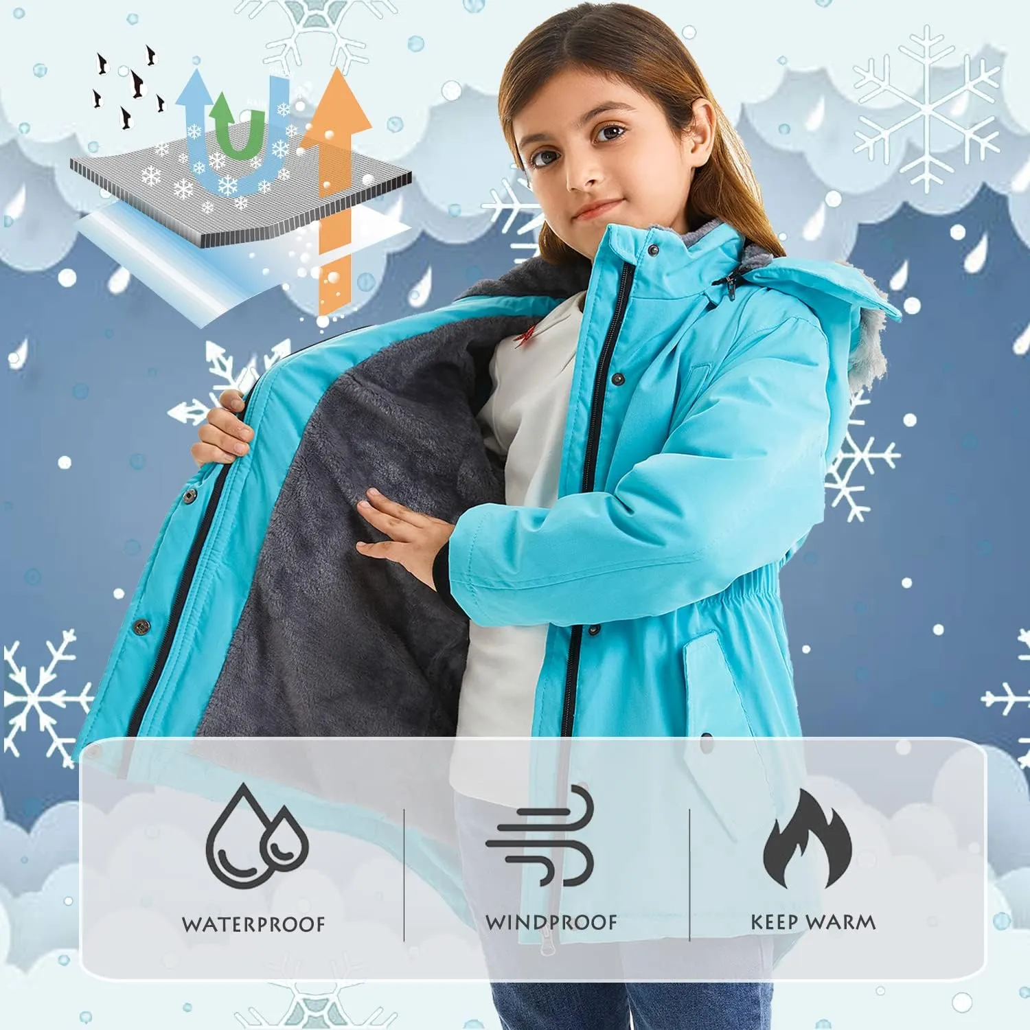 FARVALUE Girls' Long Winter Coats Warm Parka Lined Puffer Jacket Thicken Fleece Hooded Coat with Fur Collar for Girls