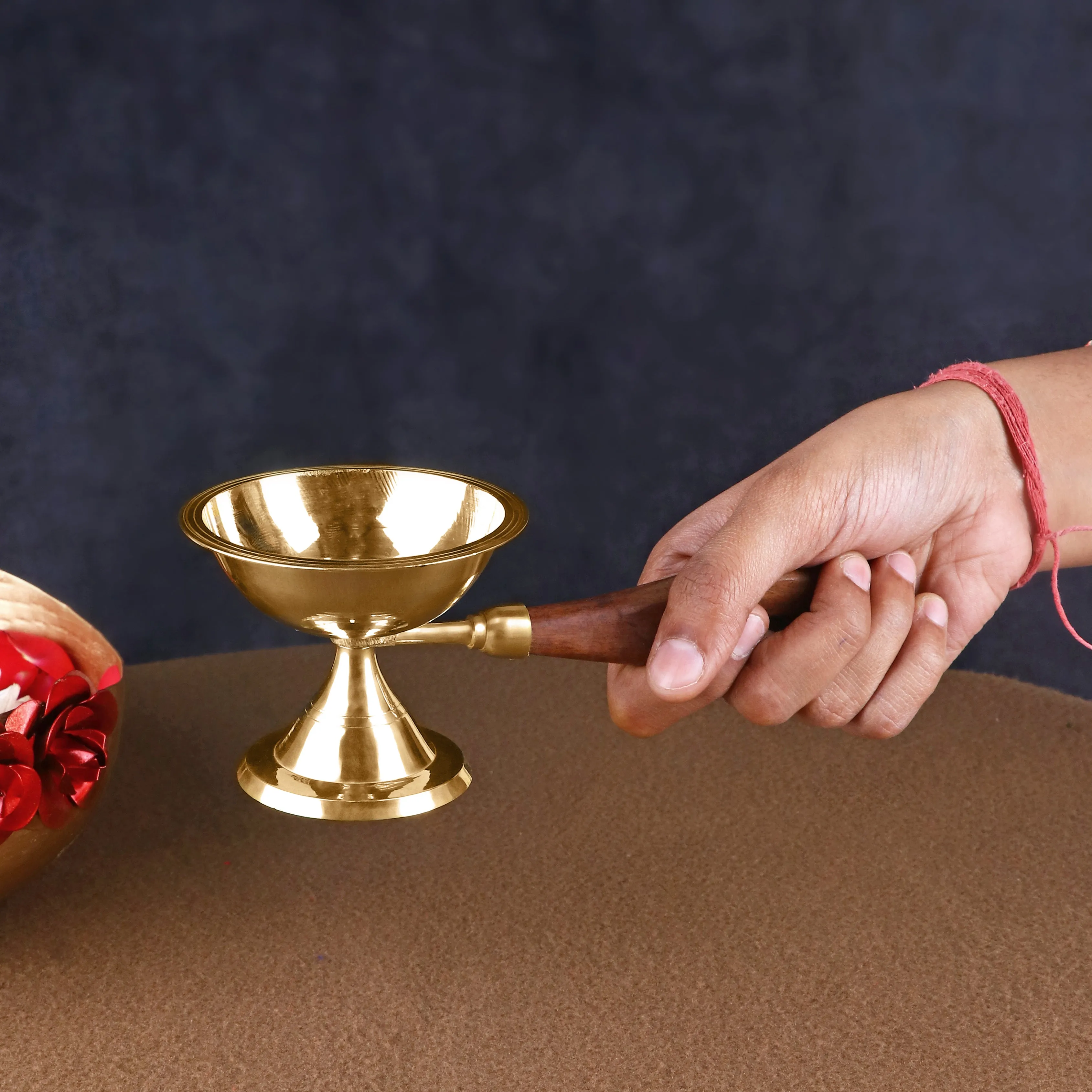 Fascinating Aarti Diya with Curved Wooden Handle