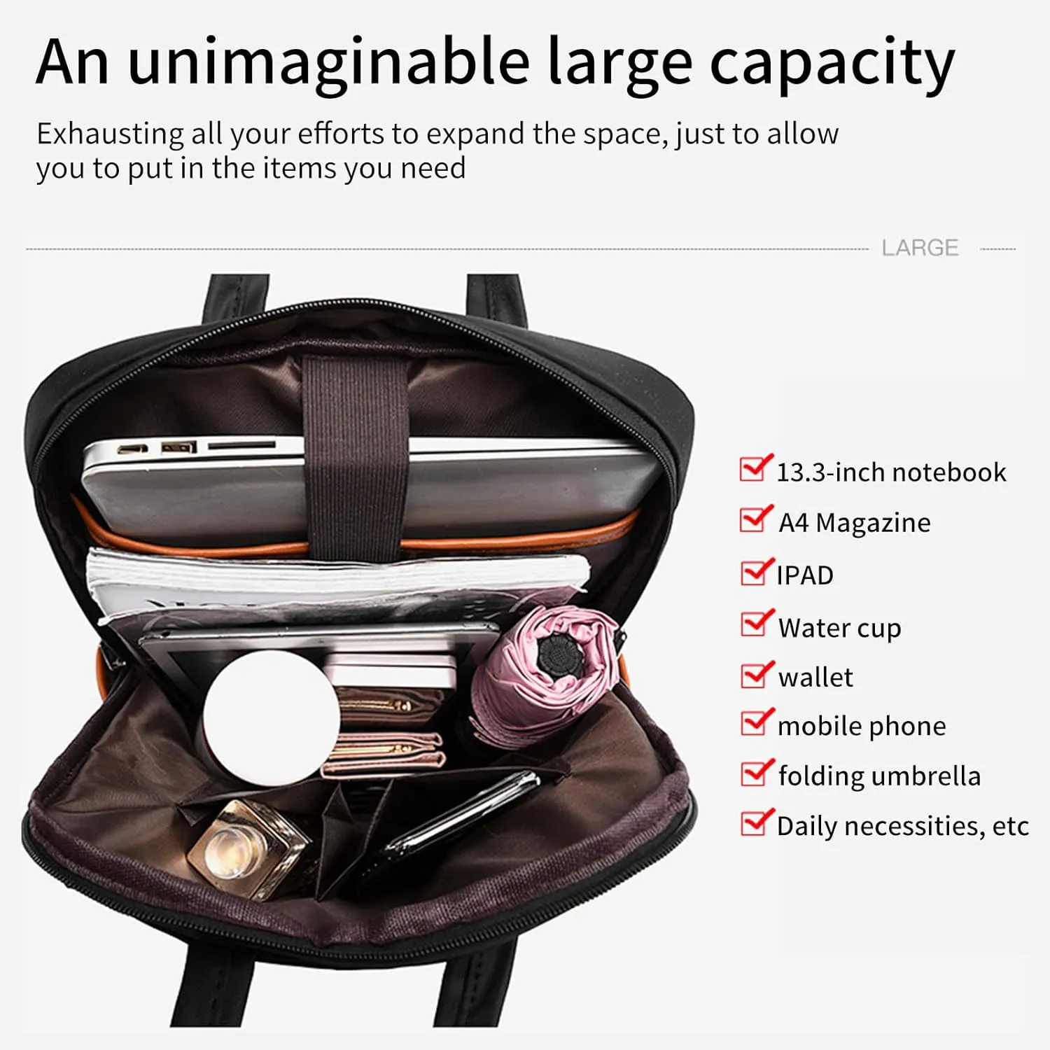 Fashionable Travel Backpack, Multifunctional Office Work Bags, Cute Large Capacity Multi Pocket Back Pack (274Black)