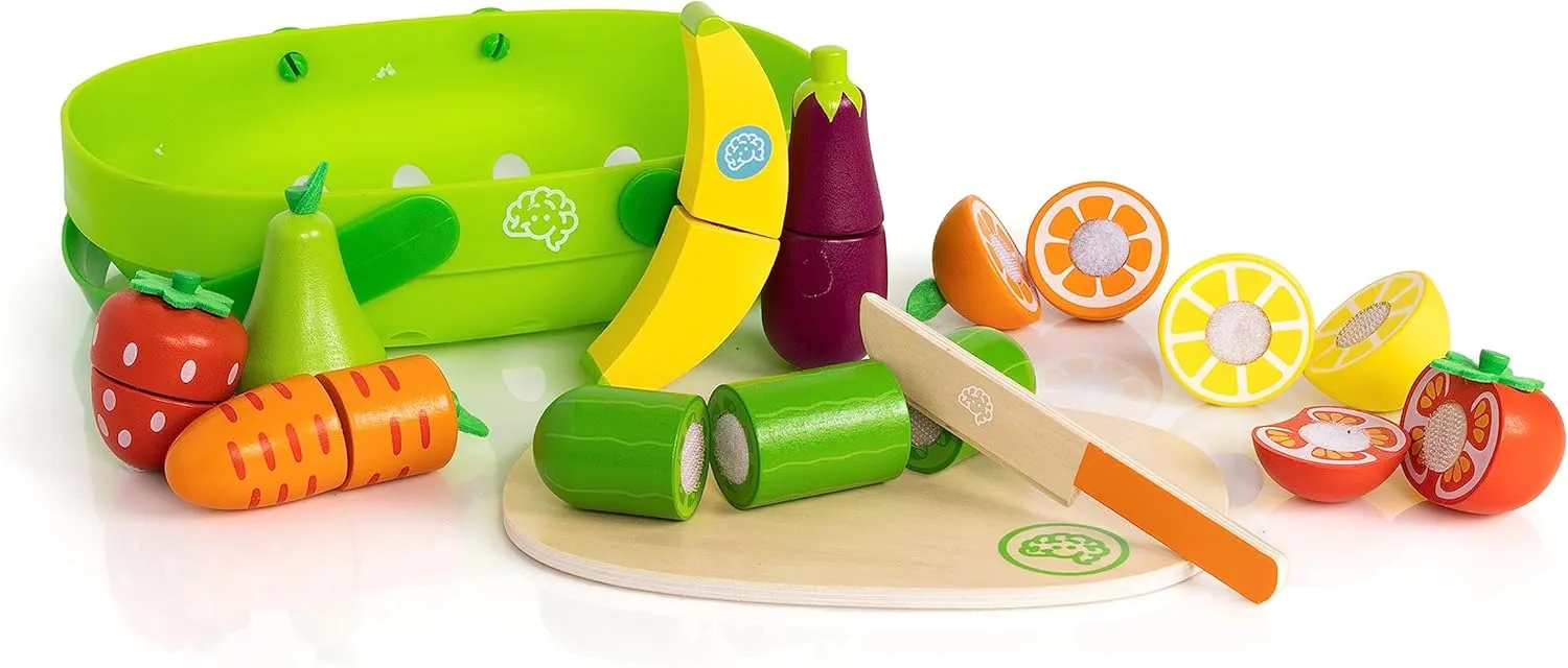 Fat Brain Toys Pretendables Fruit & Veggie Basket Set - Pretendables Fruit & Veggie Basket - New Imaginative Play for Ages 3 to 7