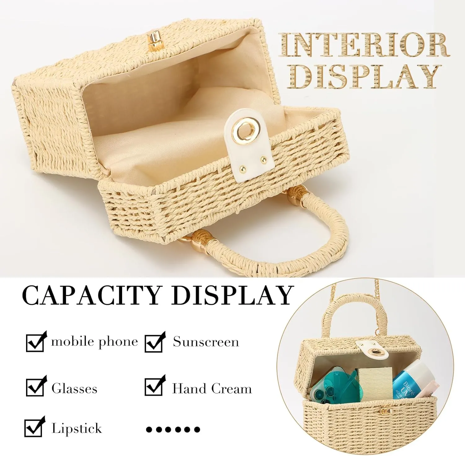 Fecialy Women Handwoven Rattan Handbag Beach Straw Tote Bag Square Boho Crossbody Bag