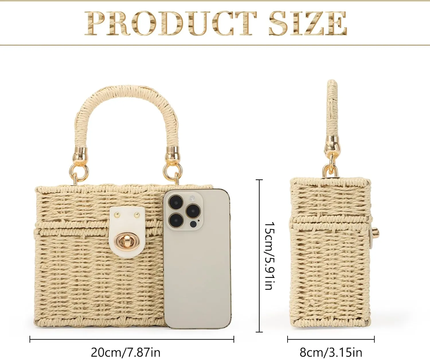 Fecialy Women Handwoven Rattan Handbag Beach Straw Tote Bag Square Boho Crossbody Bag