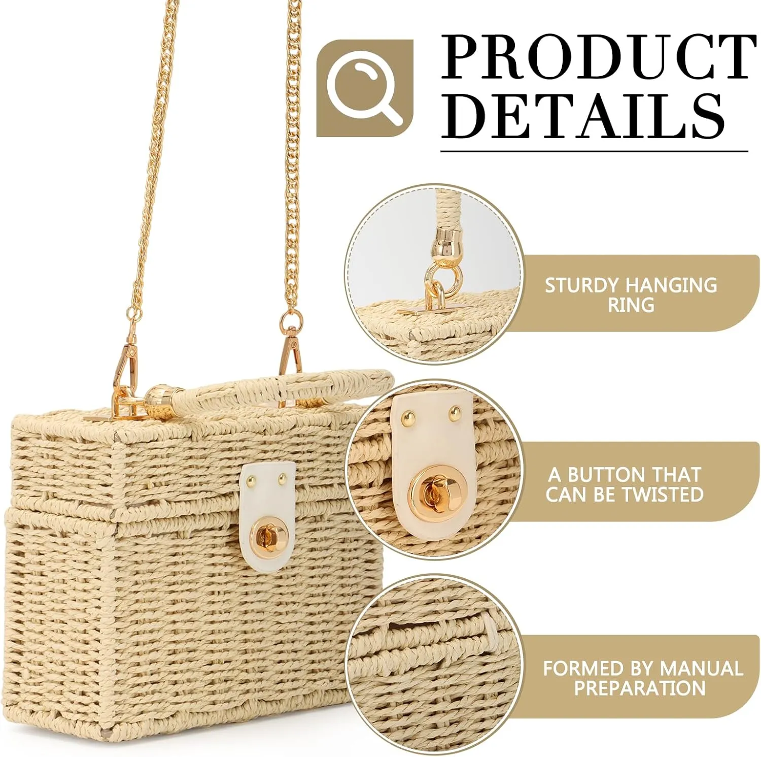 Fecialy Women Handwoven Rattan Handbag Beach Straw Tote Bag Square Boho Crossbody Bag