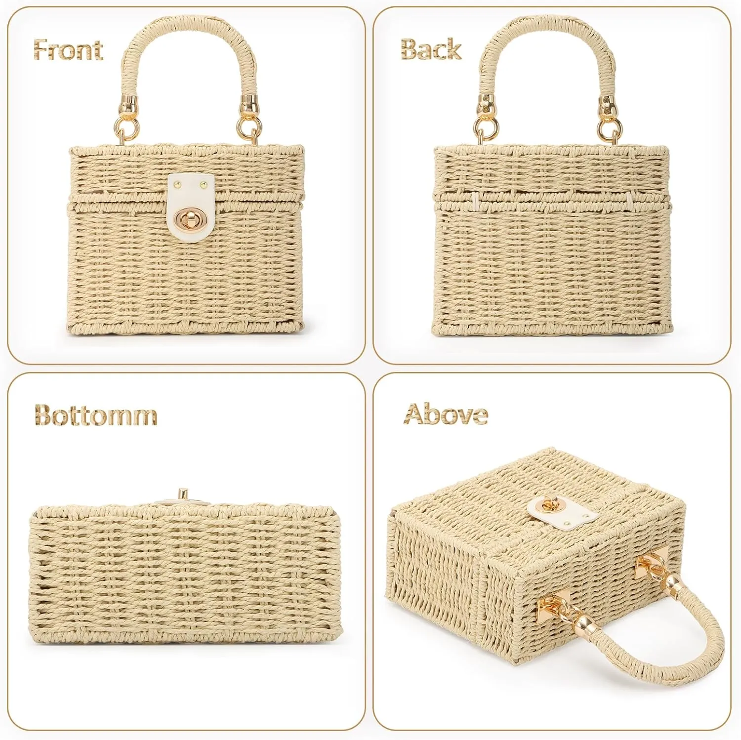 Fecialy Women Handwoven Rattan Handbag Beach Straw Tote Bag Square Boho Crossbody Bag