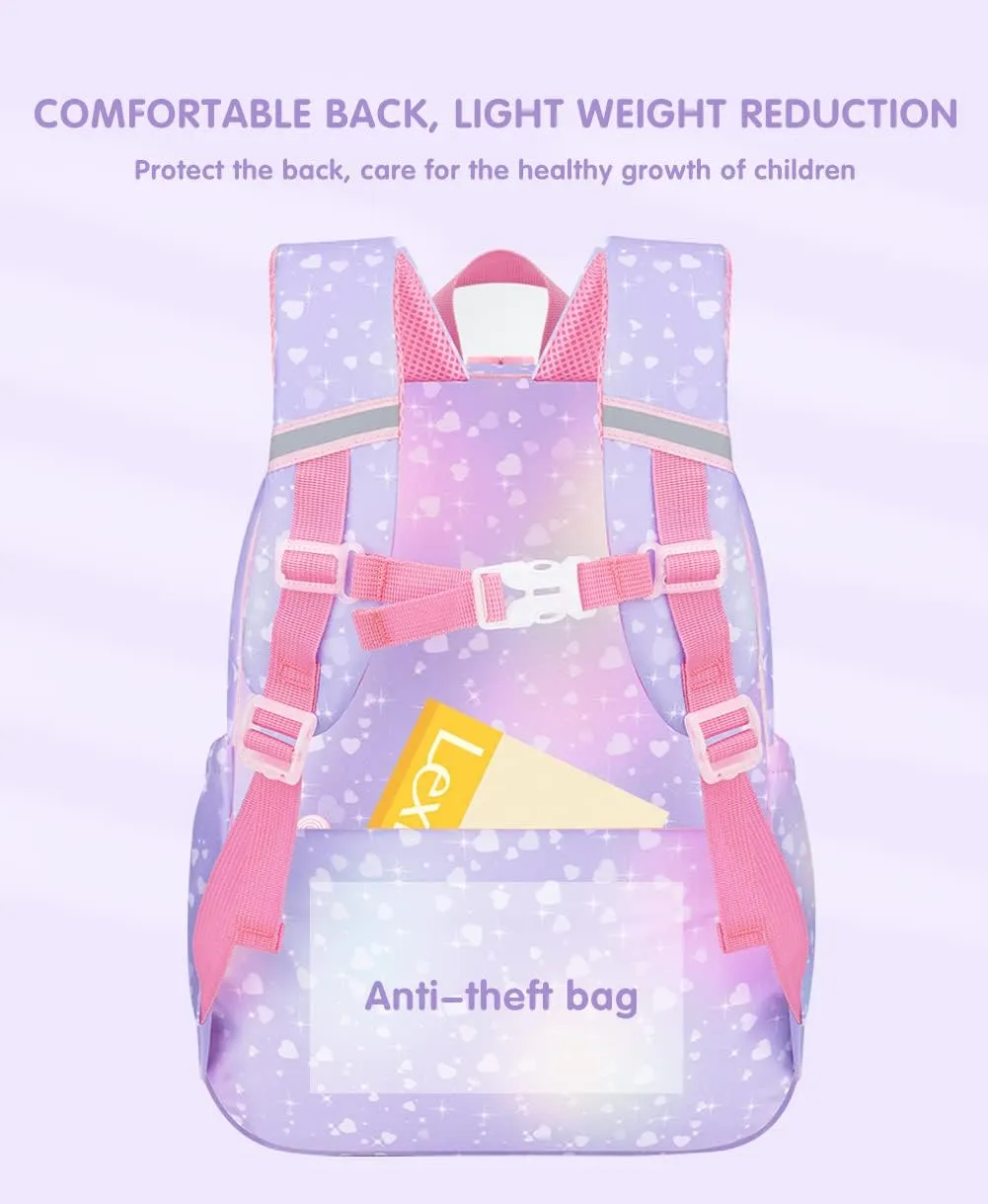 Ficcug School Bag Backpacks for Girls,Shoulder Children School Bookbags for Kids,Primary School Season Gift,Purple