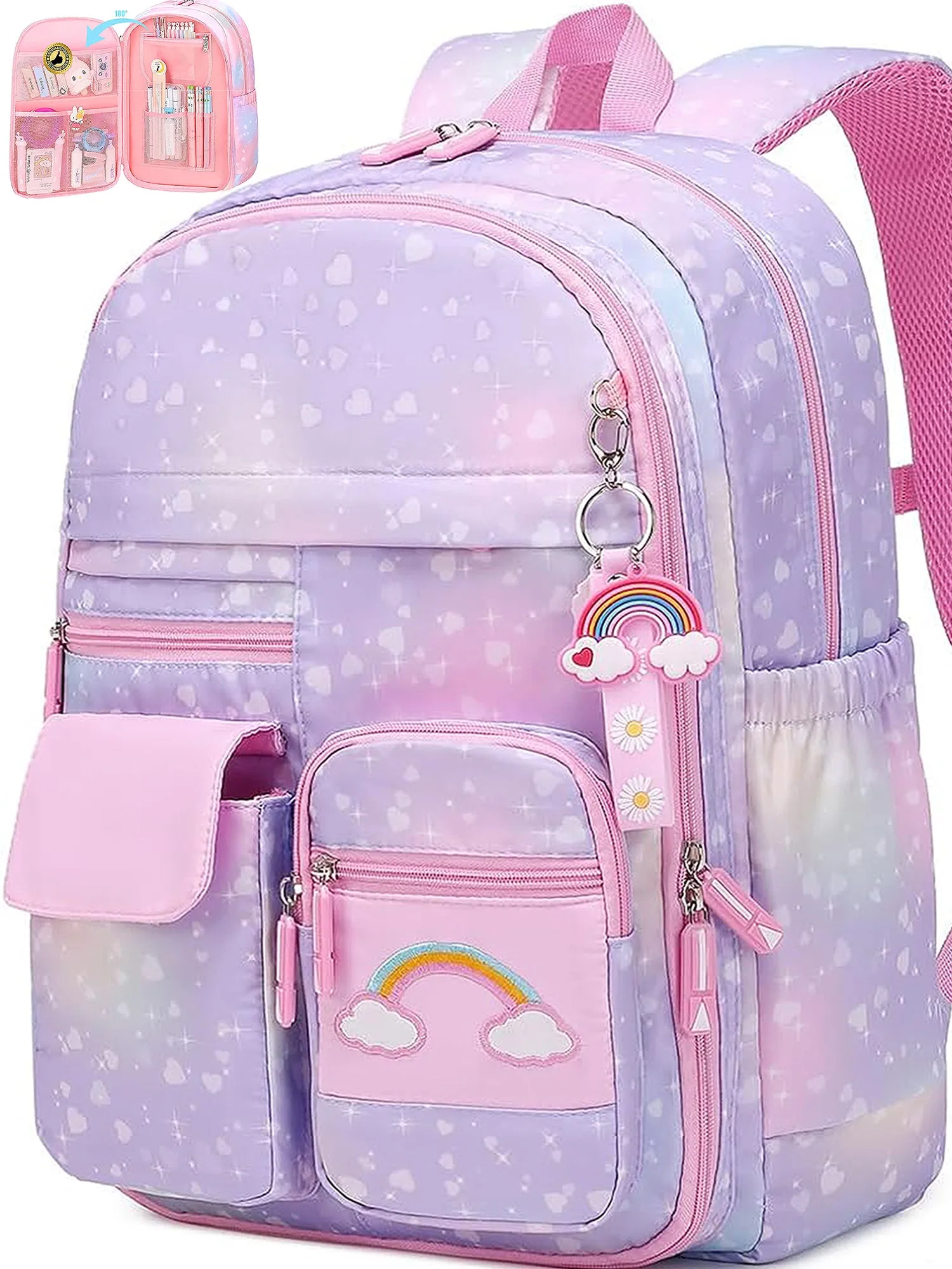 Ficcug School Bag Backpacks for Girls,Shoulder Children School Bookbags for Kids,Primary School Season Gift,Purple