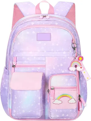 Ficcug School Bag Backpacks for Girls,Shoulder Children School Bookbags for Kids,Primary School Season Gift,Purple
