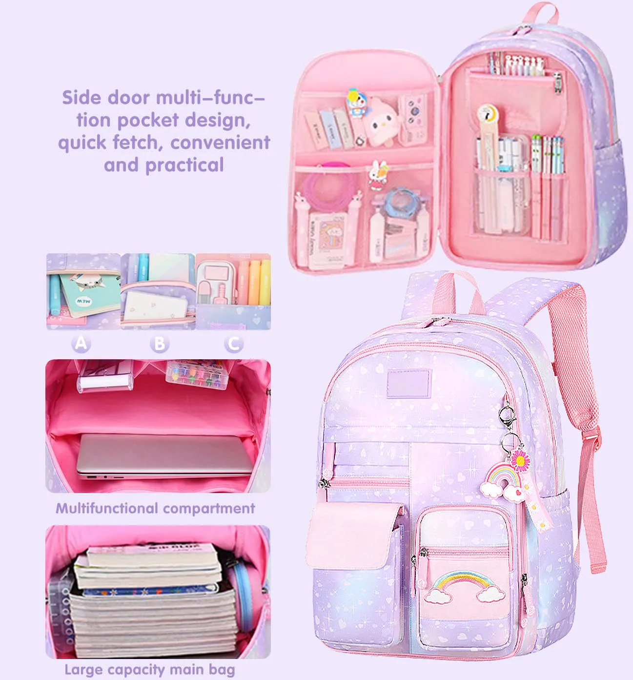 Ficcug School Bag Backpacks for Girls,Shoulder Children School Bookbags for Kids,Primary School Season Gift,Purple