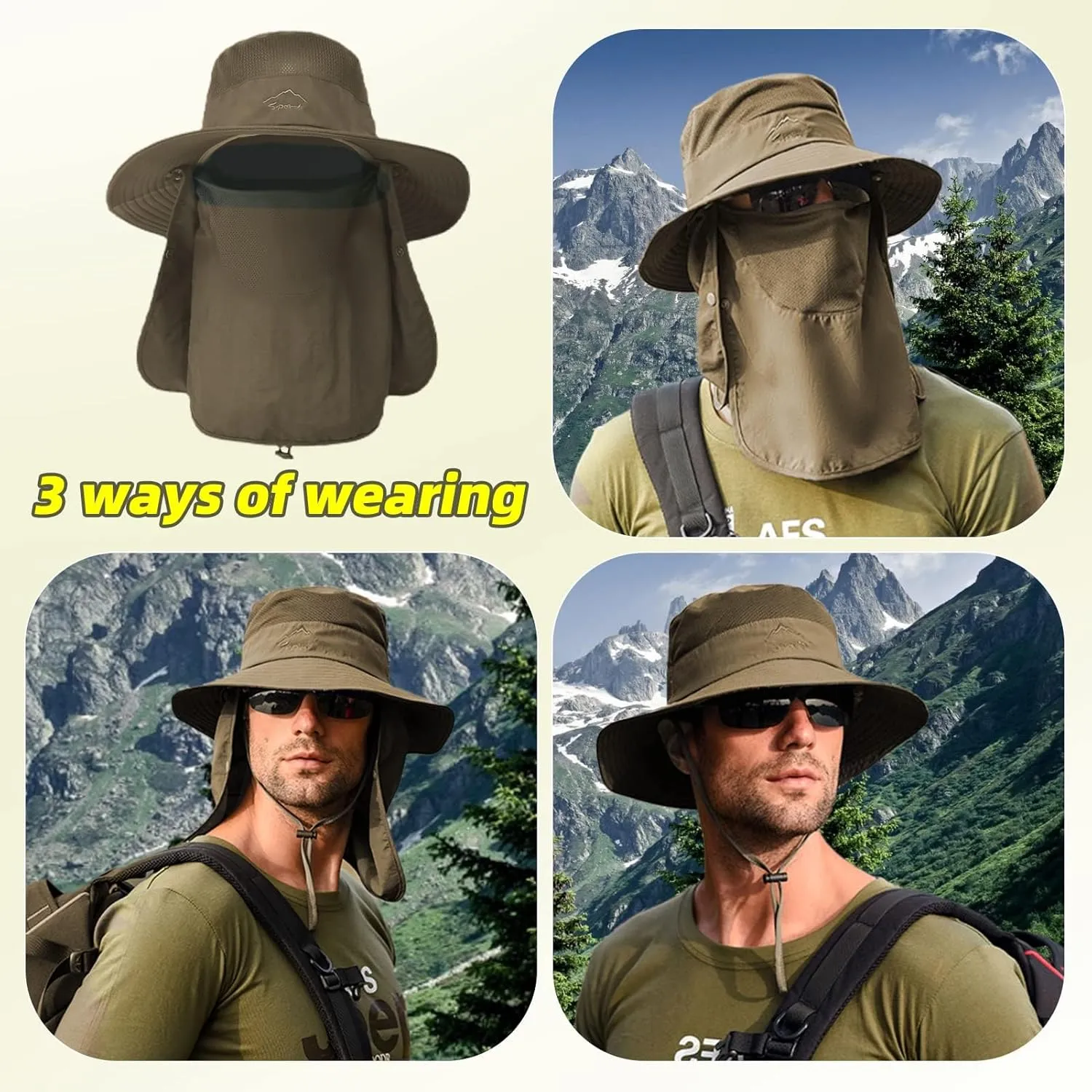 Fishing Hat for Men Sun Protection Hat with Removable Mesh Face Neck Flap Cover Windproof Strap for Men and Women