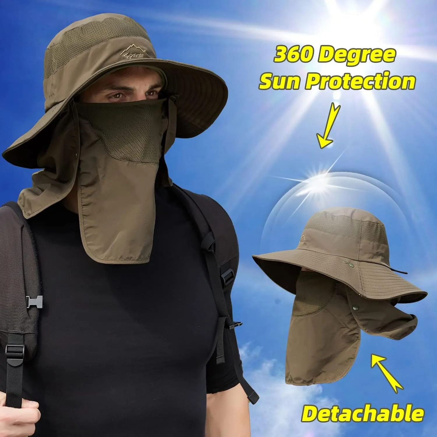 Fishing Hat for Men Sun Protection Hat with Removable Mesh Face Neck Flap Cover Windproof Strap for Men and Women
