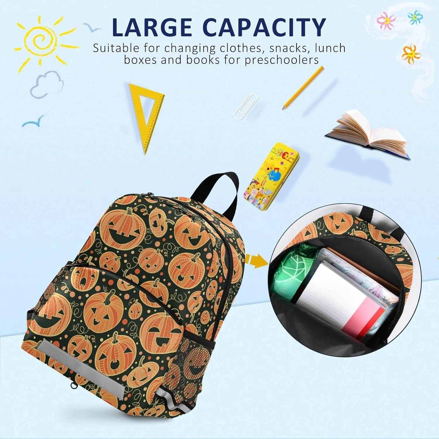 Fisyme Halloween Pumpkins Backpack Schoolbag Kids Daypack Toddler Travel School Bag Small Mini Backpacks for Kindergarten Preschool Nursery Children Boys Girls with Chest Strap