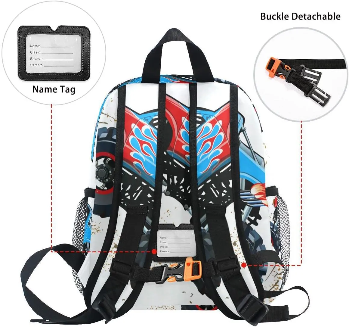 Fisyme Toddler Backpack Cartoon Monster Truck School Bag Kids Backpacks for Kindergarten Preschool Nursery Girl Boys, M