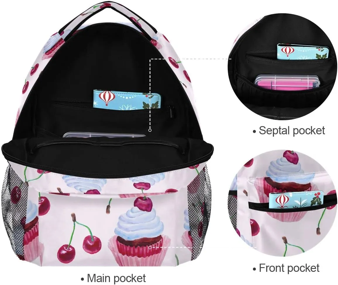 Fisyme Watercolor Cupcakes Cherries Backpack Laptop Bag Daypack Travel Hiking School Backpacks for Men Women Kids Girls Boys