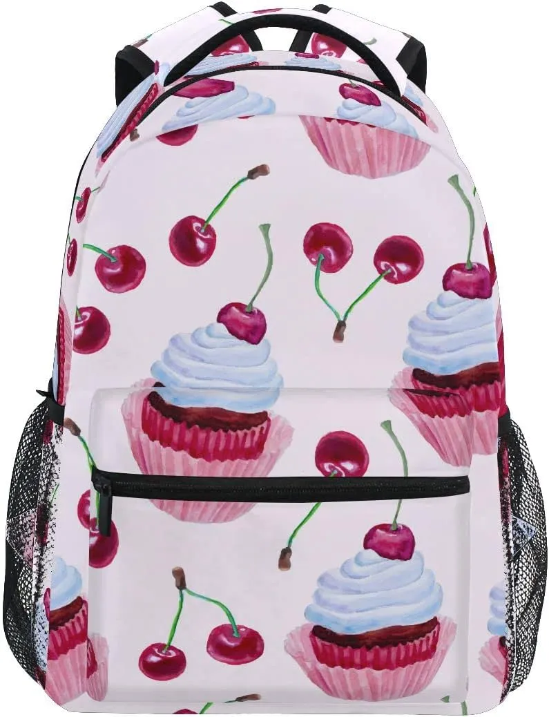 Fisyme Watercolor Cupcakes Cherries Backpack Laptop Bag Daypack Travel Hiking School Backpacks for Men Women Kids Girls Boys