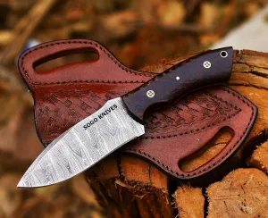 Fixed Blade Damascus Steel Hunting Knife, 9'' Full Tang, Non-Slip Wooden Handle, Camping Knife with Leather Sheath (VENGI)