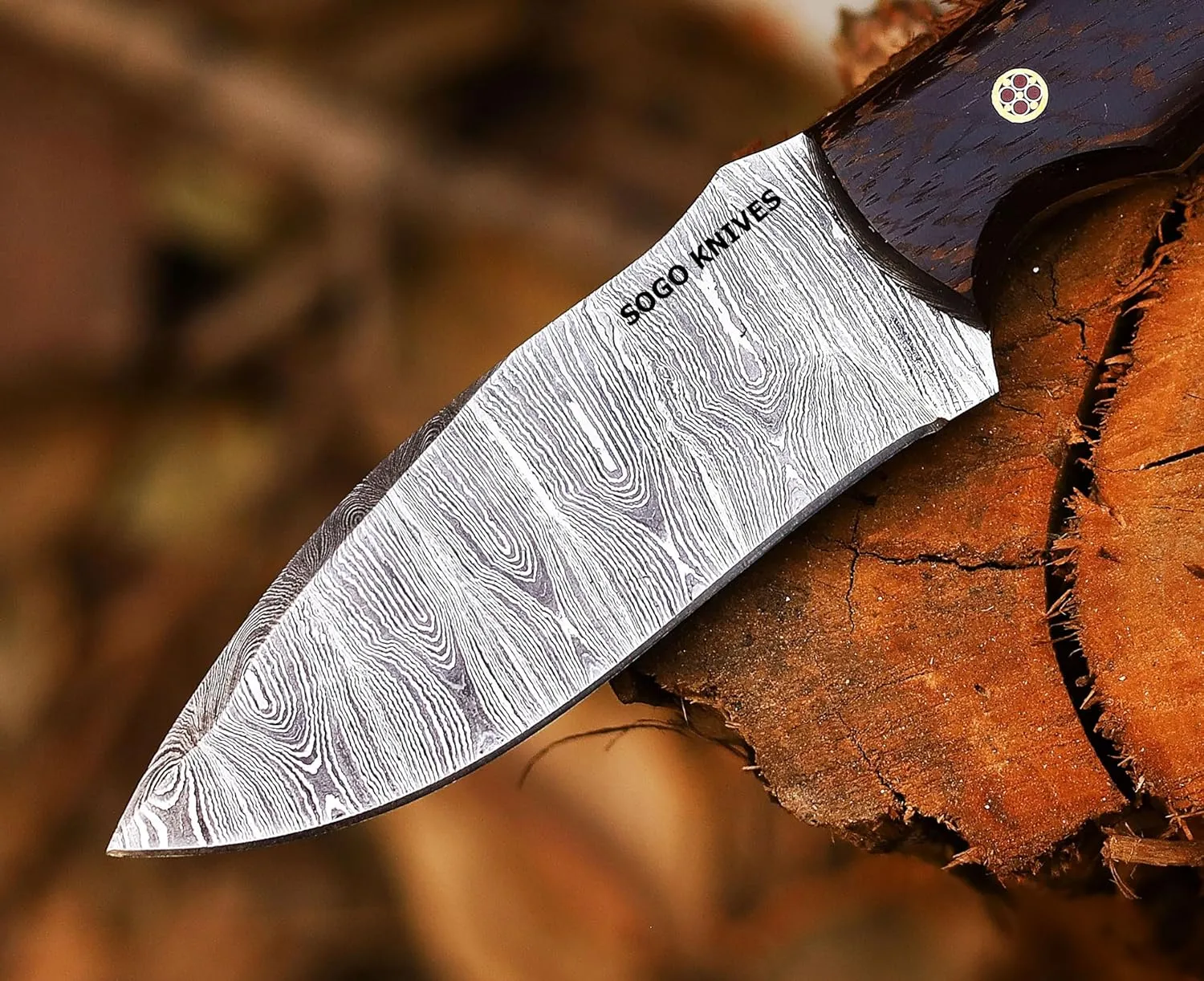 Fixed Blade Damascus Steel Hunting Knife, 9'' Full Tang, Non-Slip Wooden Handle, Camping Knife with Leather Sheath (VENGI)