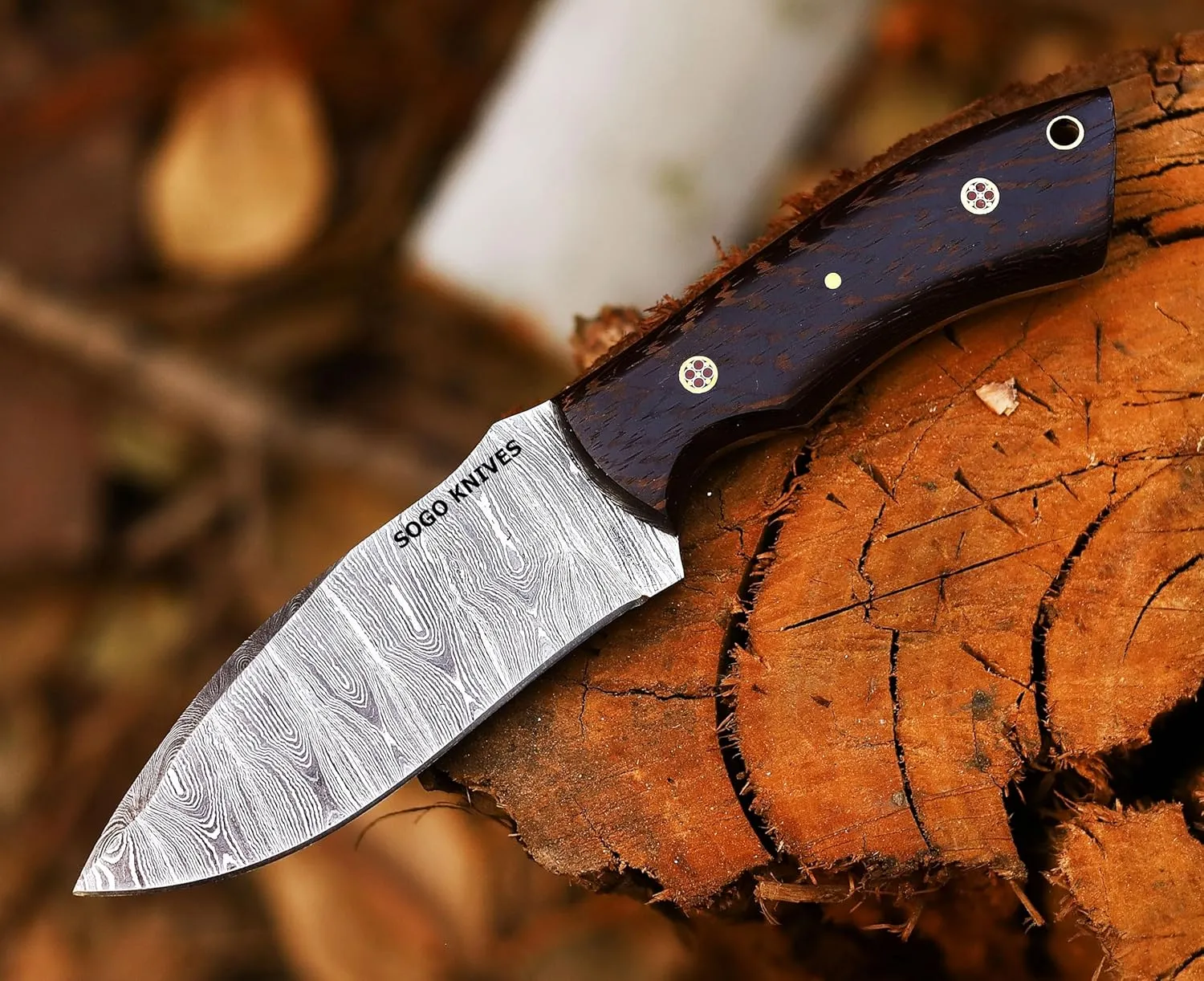 Fixed Blade Damascus Steel Hunting Knife, 9'' Full Tang, Non-Slip Wooden Handle, Camping Knife with Leather Sheath (VENGI)