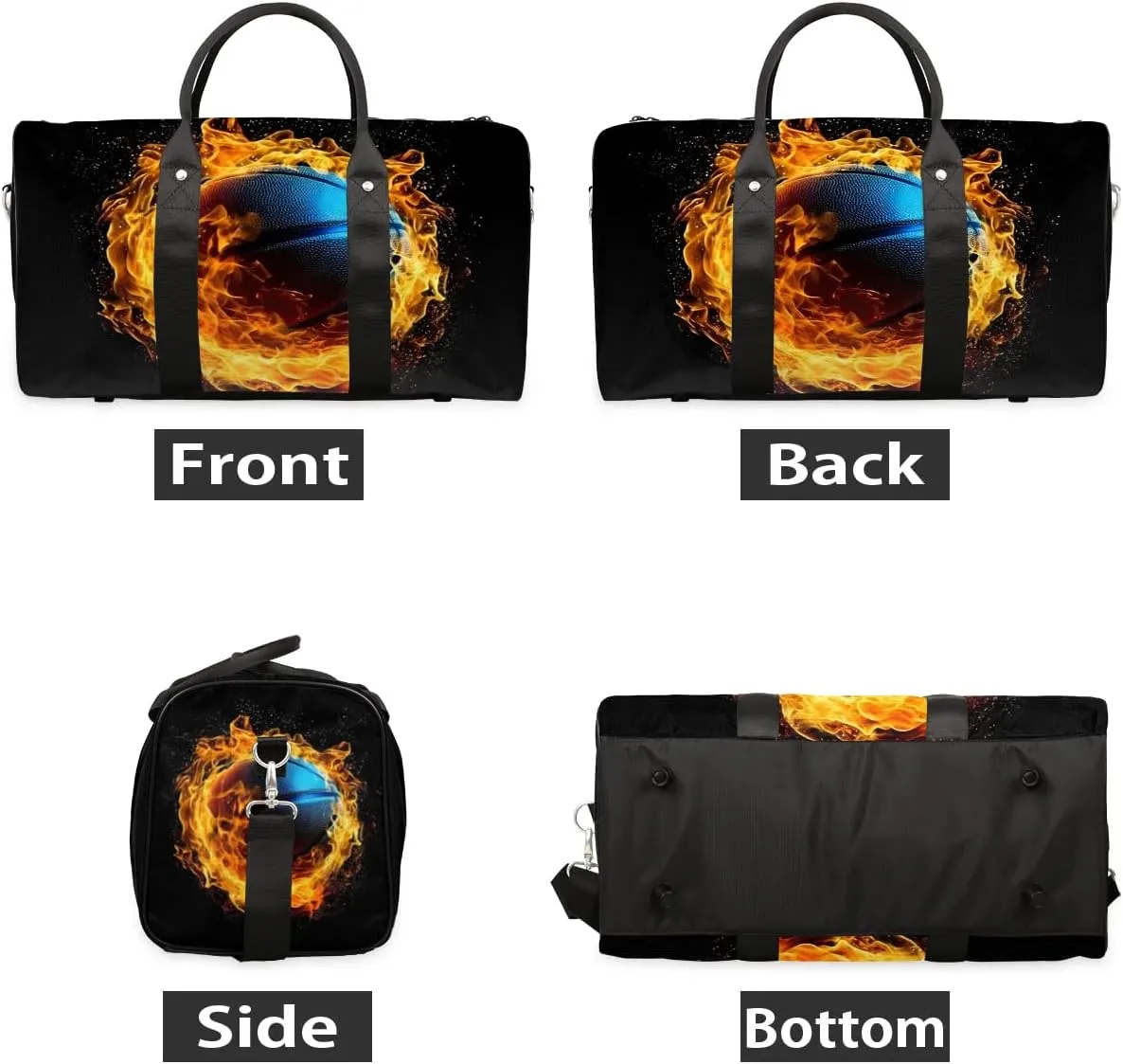 Flaming Basketball Sport Travel Duffel Bag for Women Men Waterproof Foldable Overnight Weekender Bag Large Capacity Sports Gym Bag