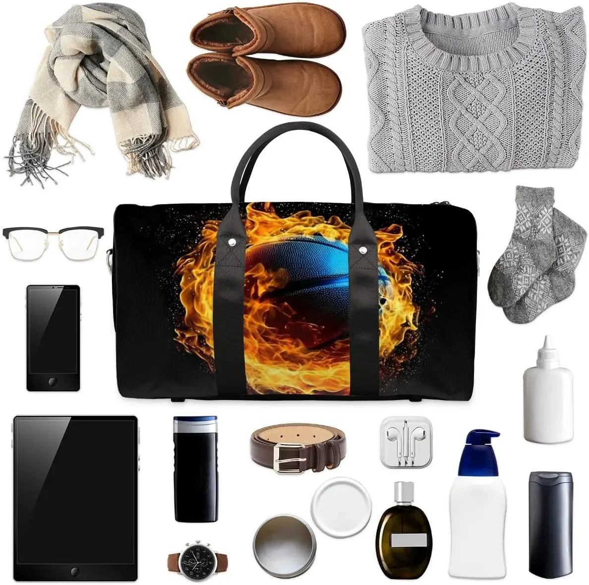Flaming Basketball Sport Travel Duffel Bag for Women Men Waterproof Foldable Overnight Weekender Bag Large Capacity Sports Gym Bag