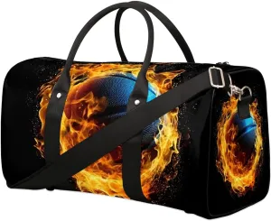 Flaming Basketball Sport Travel Duffel Bag for Women Men Waterproof Foldable Overnight Weekender Bag Large Capacity Sports Gym Bag