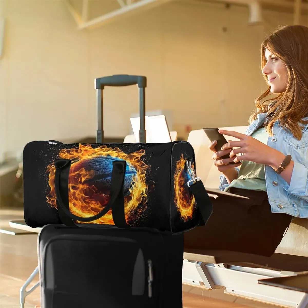 Flaming Basketball Sport Travel Duffel Bag for Women Men Waterproof Foldable Overnight Weekender Bag Large Capacity Sports Gym Bag