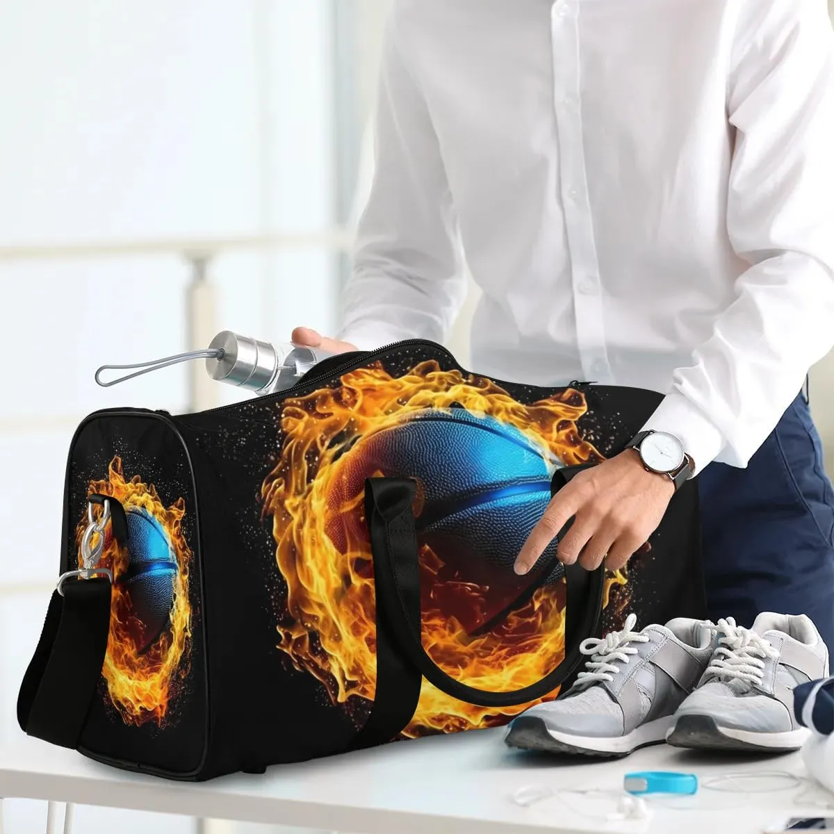 Flaming Basketball Sport Travel Duffel Bag for Women Men Waterproof Foldable Overnight Weekender Bag Large Capacity Sports Gym Bag