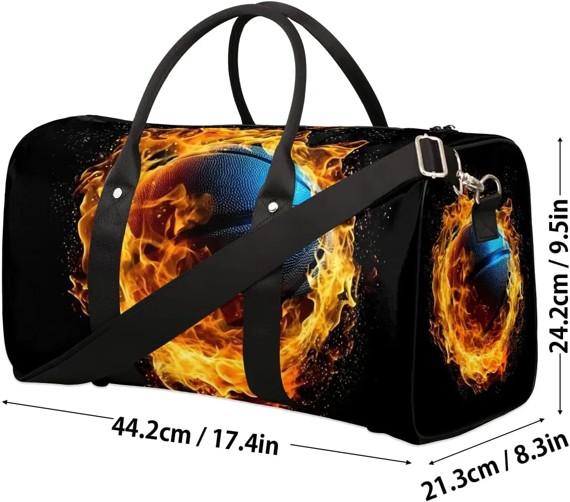 Flaming Basketball Sport Travel Duffel Bag for Women Men Waterproof Foldable Overnight Weekender Bag Large Capacity Sports Gym Bag