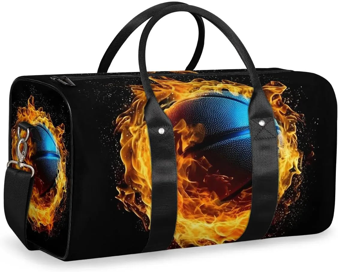 Flaming Basketball Sport Travel Duffel Bag for Women Men Waterproof Foldable Overnight Weekender Bag Large Capacity Sports Gym Bag
